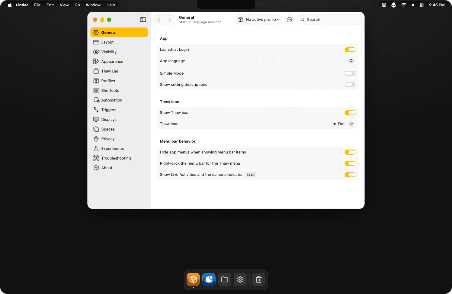 Thaw’s settings window under a menu bar, with a Dock below